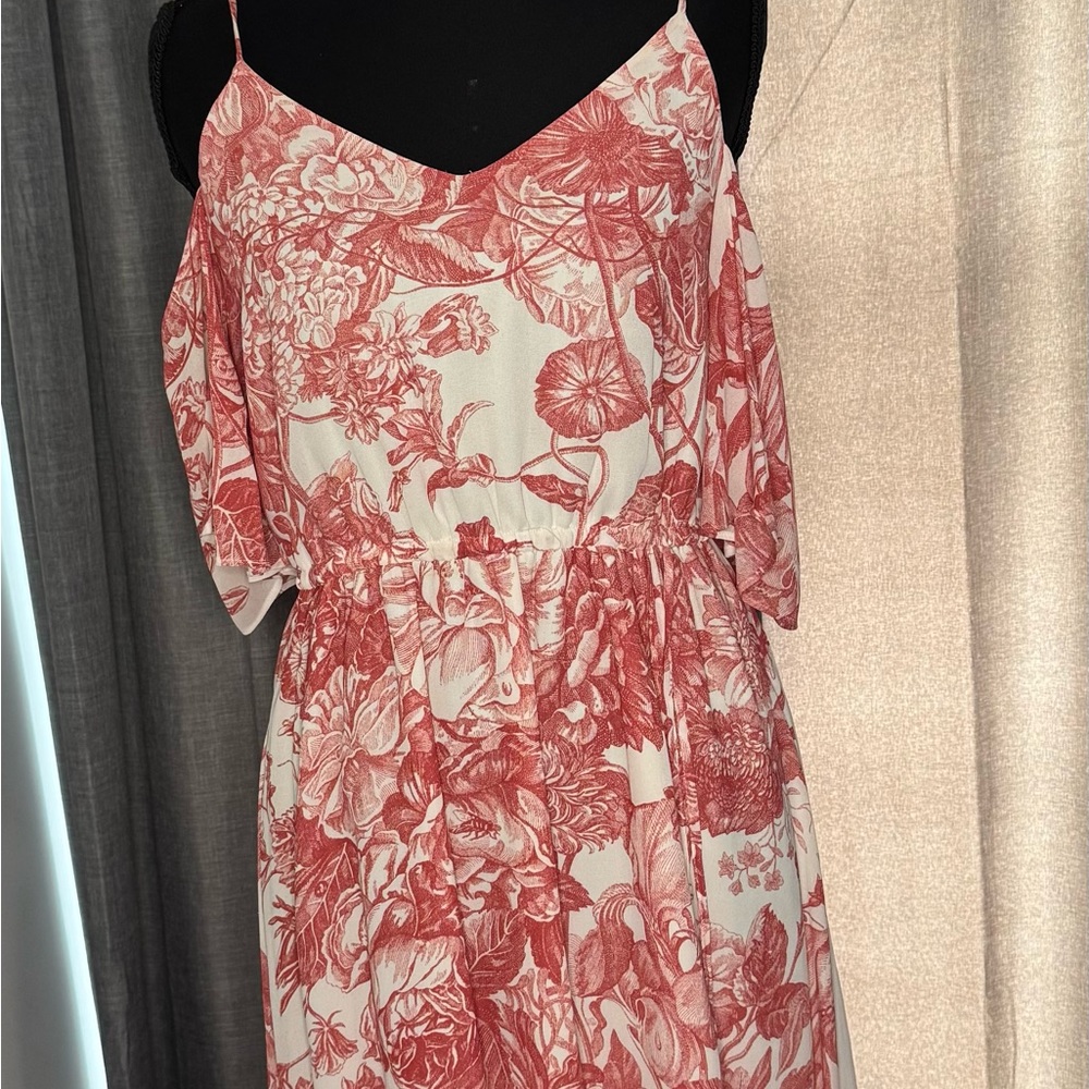 Floral Print Spaghetti Strap Dress with Off The Shoulder Sleeves